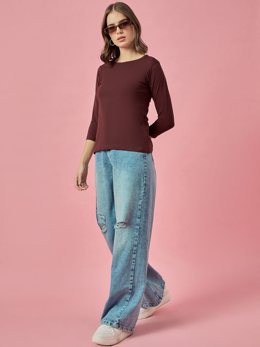 Clapton Crew Neck Tees Candy Cotton Lycra For Women Soild Mehroon Summer wear