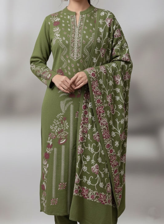 Clapton Embroidered wool blends for winter wear Straight-fit kurta with trousers and a dupatta (shawl) Green