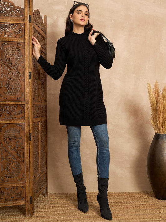 CLAPTON Women’s Wool Blend Ribbed Knit Tunic Sweater with Mock Neck & Full Sleeves Black