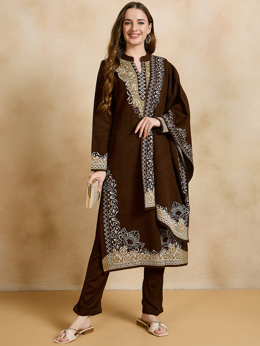 Clapton Embroidered Straight Kurta Pant With Dupatta Set Brown