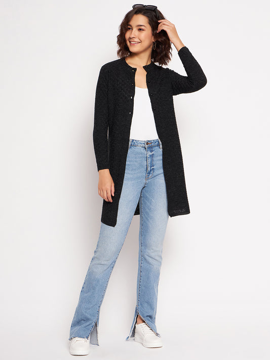 Wool Blend Round Neck Black Long Shrug