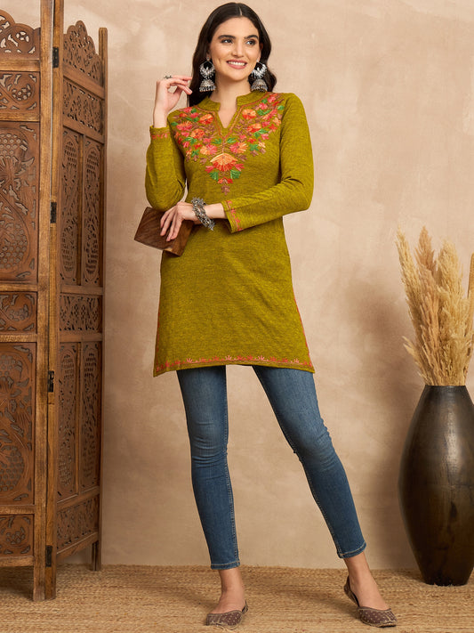 Women Multicolor Embroidered woolen Blend Kurta Gold Winter Wear