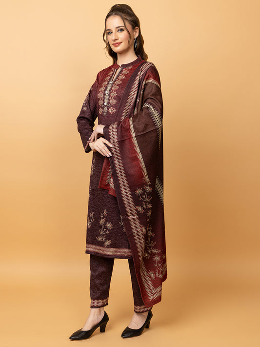 Clapton Pure Wool Winter Wear Embroidered Straight Kurta Pant With Dupatta Set maroon