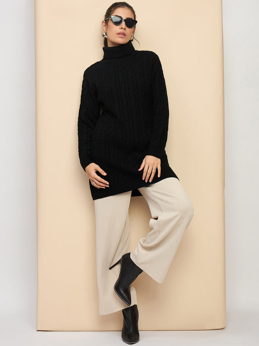 Clapton High Neck Cable Knitted Woolen Dress Black