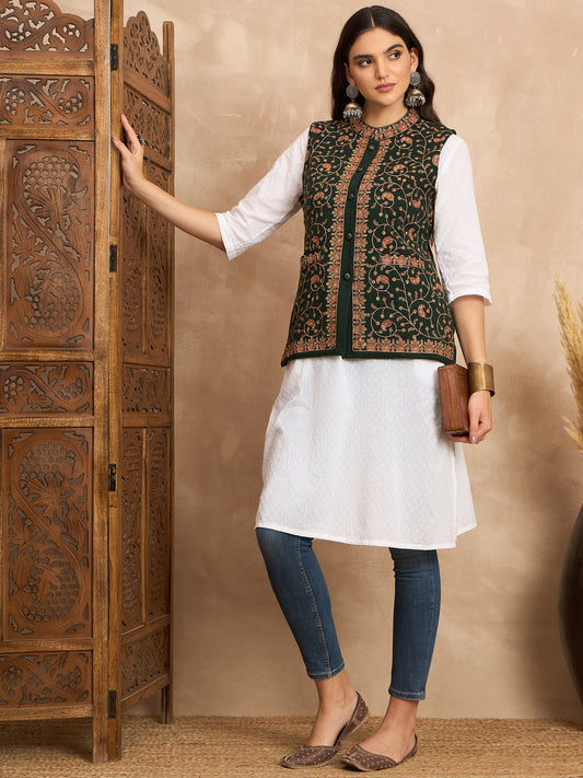CLAPTON EMBROIDERY SLEEVELESS GREEN BLAZER FOR WOMEN