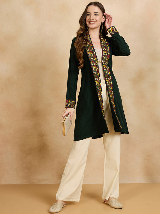 Women's Green Embroidered Sleeves, Floral Pattern, Winter Wear, Open Neck Shrug