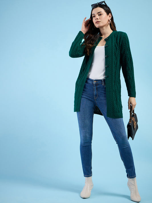 Clapton Cable Knit Design Woolen Longline Cardigan Sweater for women and Girls Green