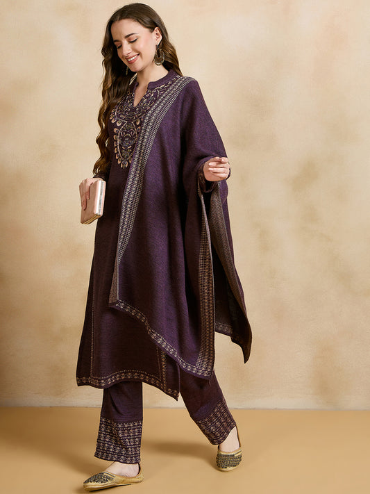 Clapton Embroidered Straight Kurta Pant With Dupatta Set Purple