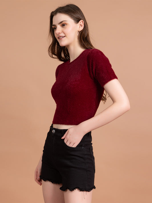 Clapton Short-Sleeve Fuzzy Knit Crop Top Pullover Blouse Top for Women Girls Maroon