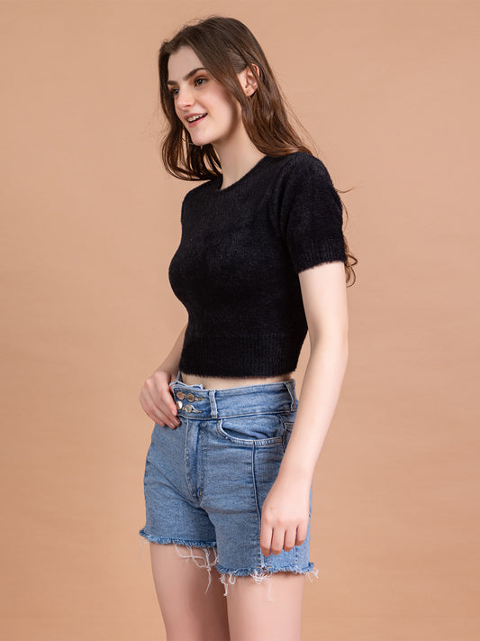 Clapton Short-Sleeve Fuzzy Knit Crop Top Pullover Blouse Top for Women Girls Black