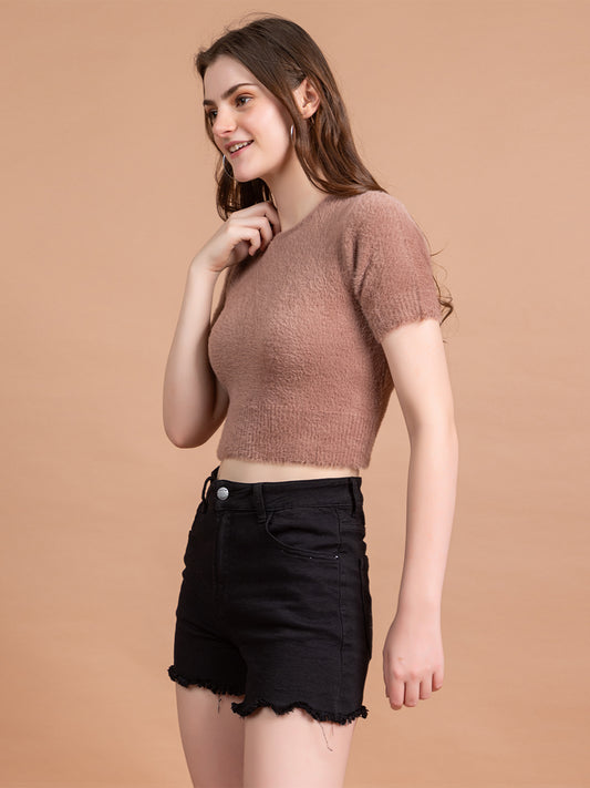 Clapton Short-Sleeve Fuzzy Knit Crop Top Pullover Blouse Top for Women Girls Pink