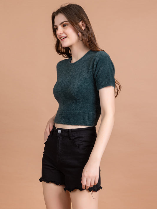 Clapton Short-Sleeve Fuzzy Knit Crop Top Pullover Blouse Top for Women Girls Green