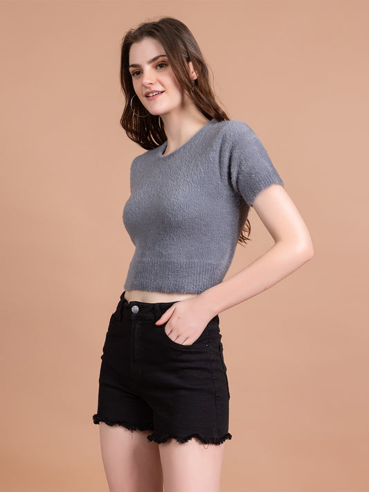 Clapton Short-Sleeve Fuzzy Knit Crop Top Pullover Blouse Top for Women Girls Grey