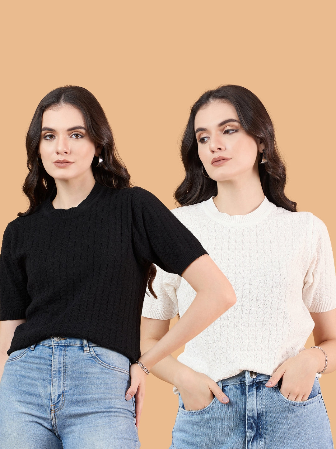 CLAPTON Women Knitted Round Neck T-shirt Combo Of 2 BLACK White