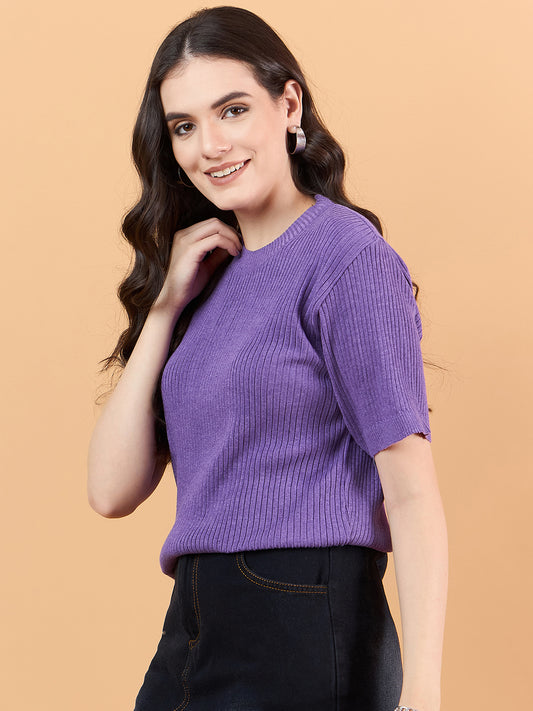 CLAPTON Women Knitted Round Neck T-shirt Combo Of 2 Black Purple