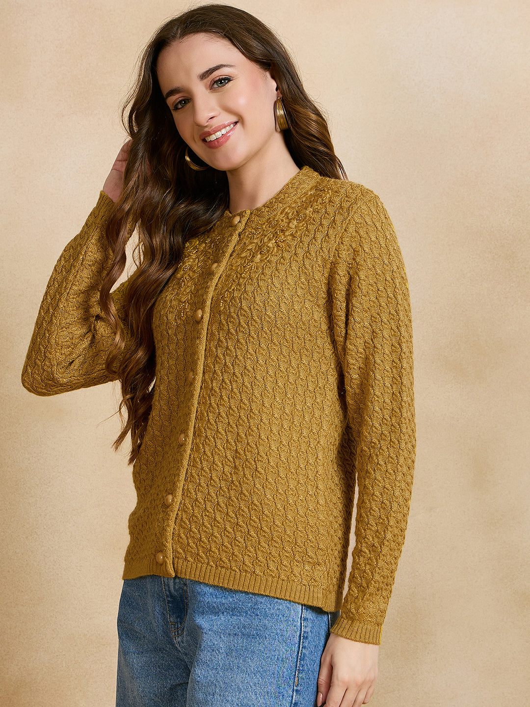 Clapton Floral Embroidered Knit Design Pure Wool Cardigan Gold