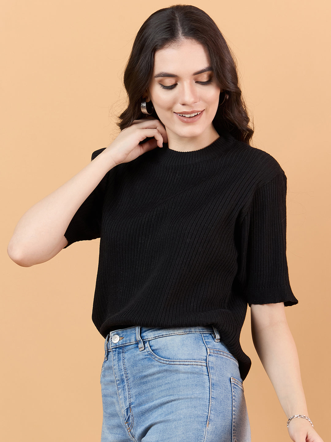 Ladies Short Sleeve Knitted cotton T Shirt solid Color Black