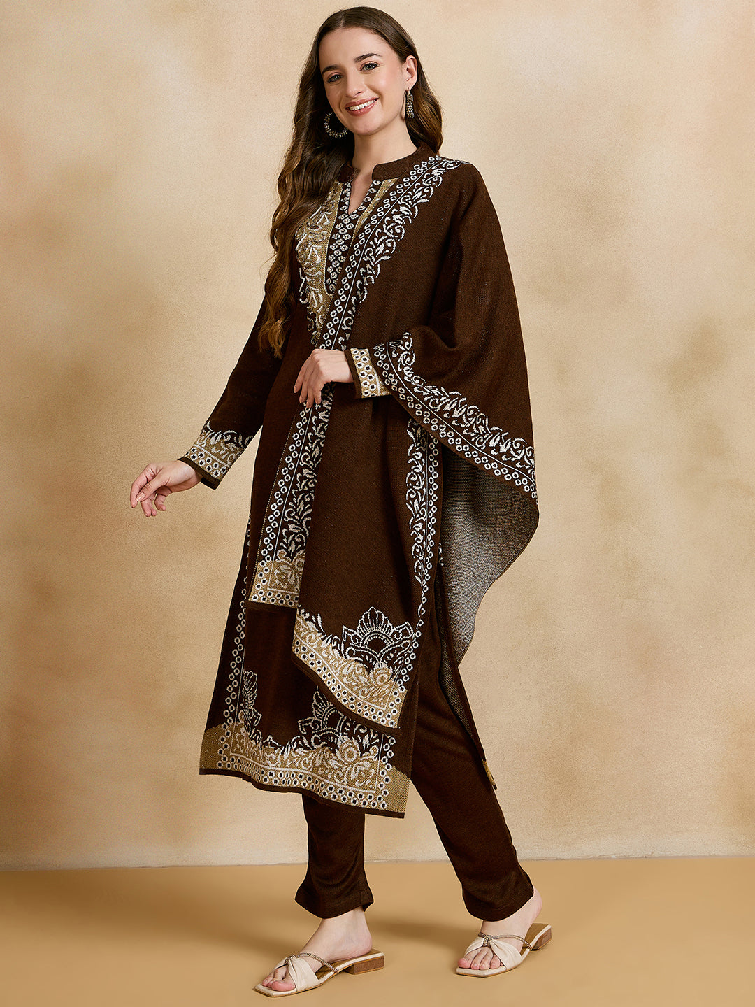 Clapton Embroidered Straight Kurta Pant With Dupatta Set Brown