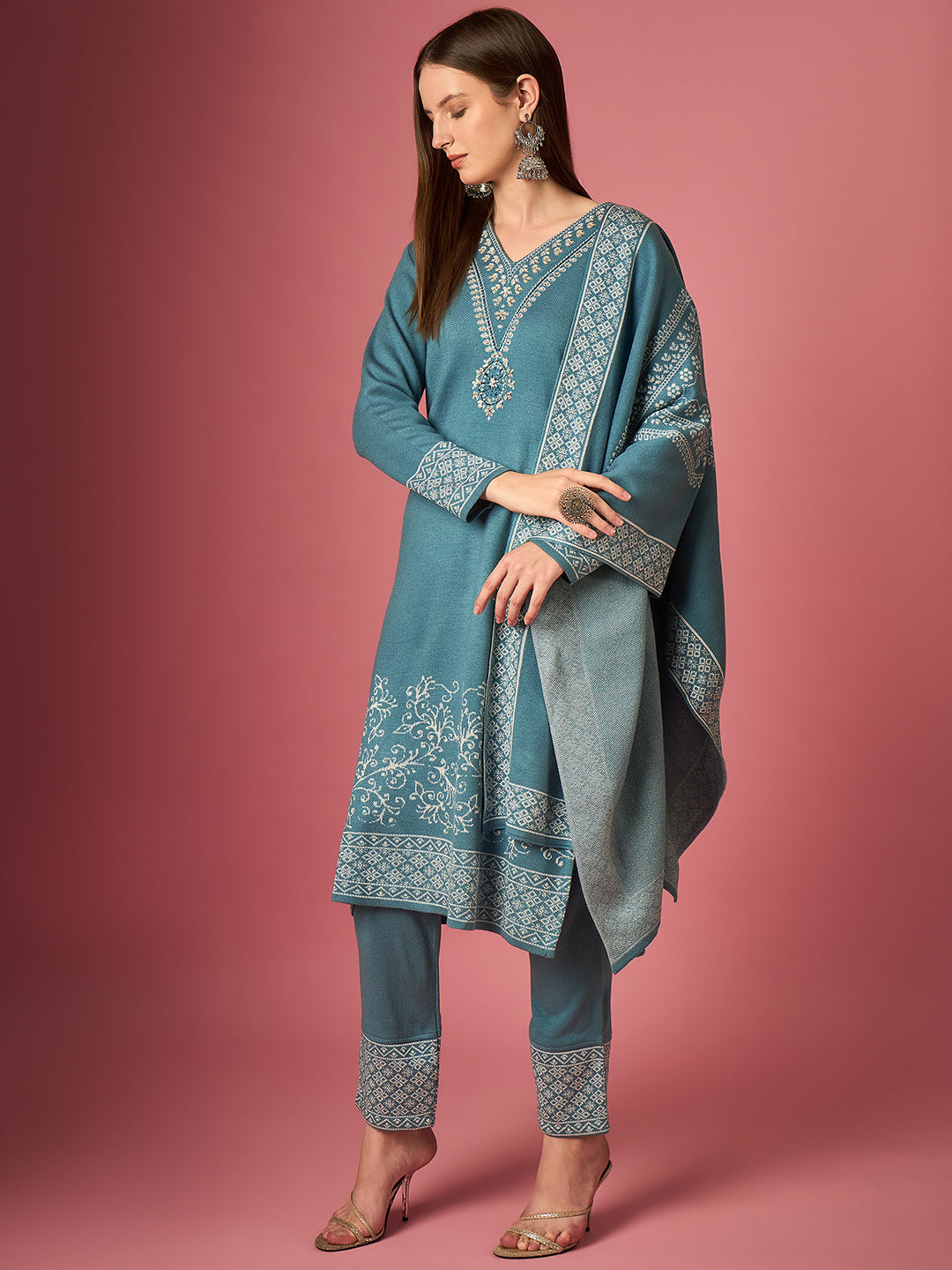 Clapton Embroidered Straight Kurta Pant With Dupatta Set Sky