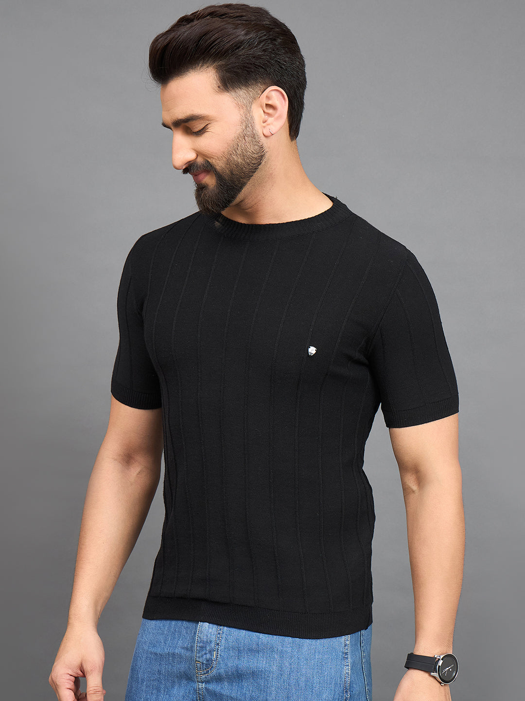 CLAPTON Men Knitted Round Neck T-shirt Black