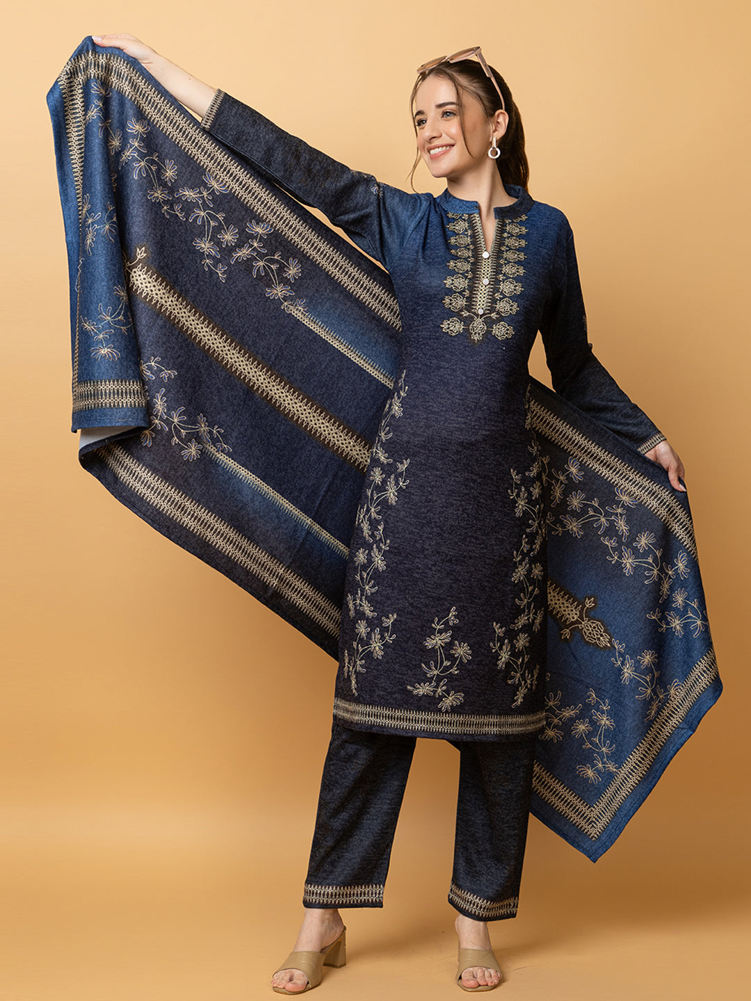 Clapton Pure Wool Winter Wear Embroidered Straight Kurta Pant With Dupatta Set Navy