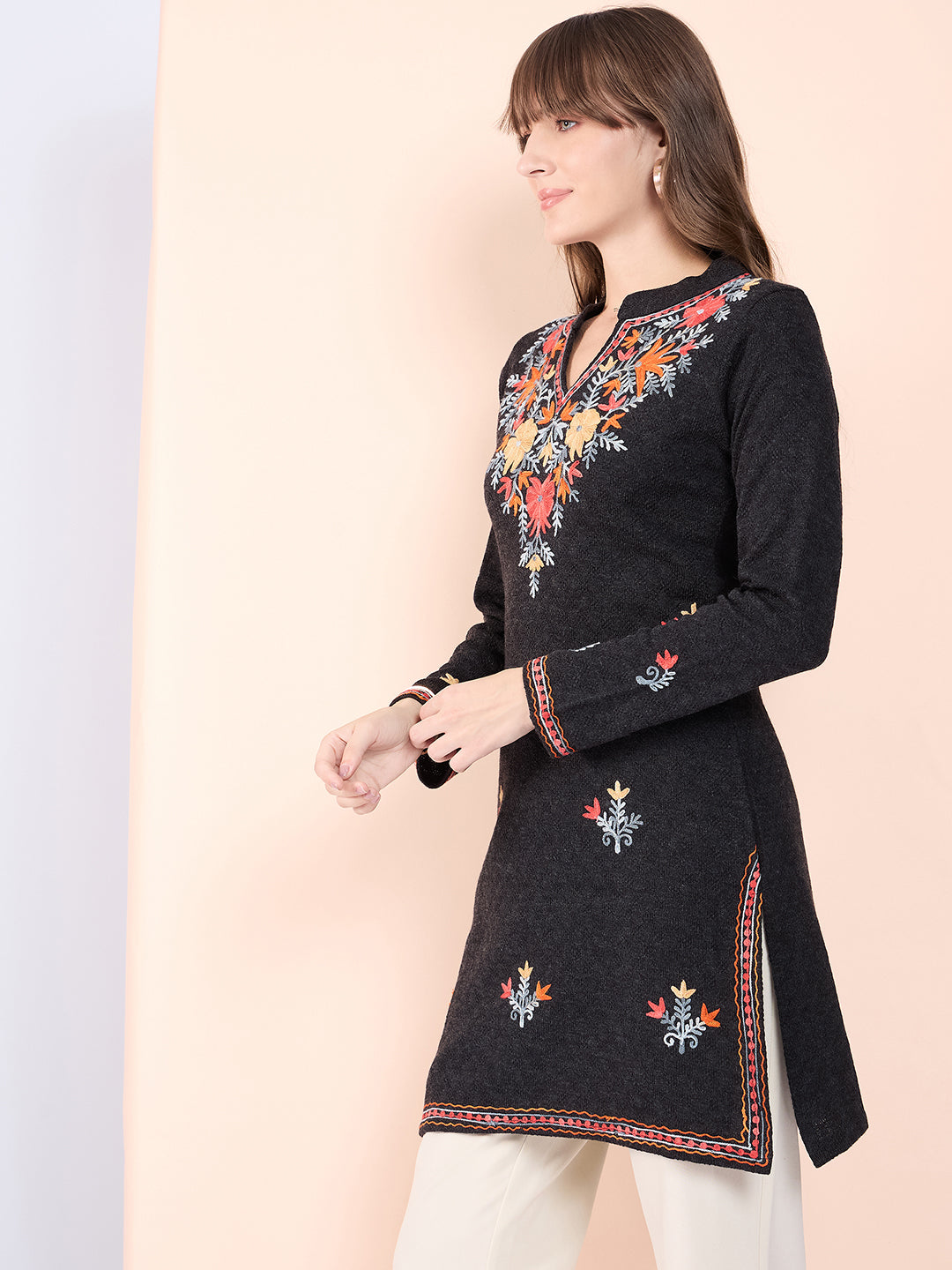Women Multicolor Embroidered wool Blend Kurta Mixture Winter Wear
