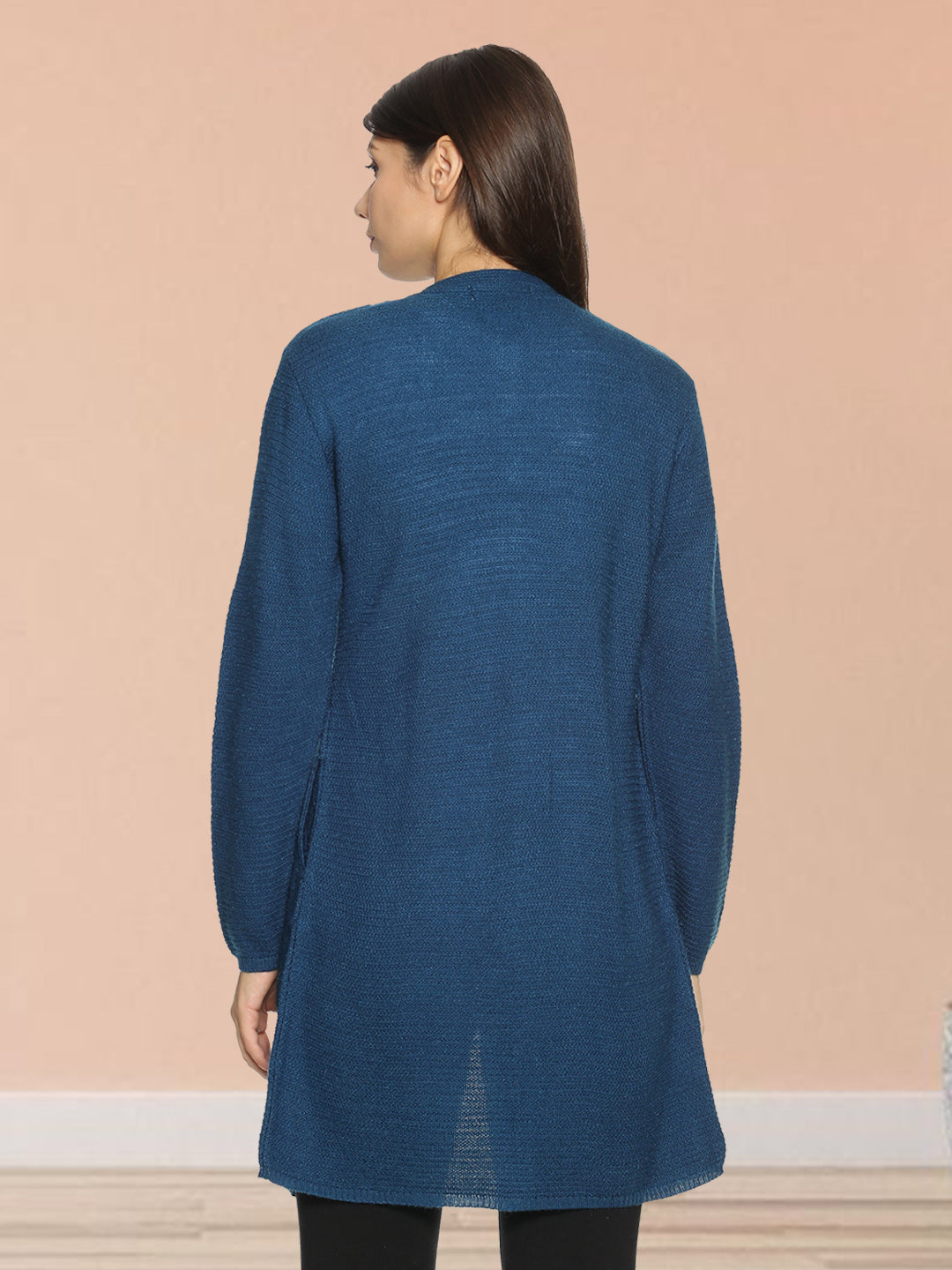 Wool Blend Round Neck Peacock Long Shrug