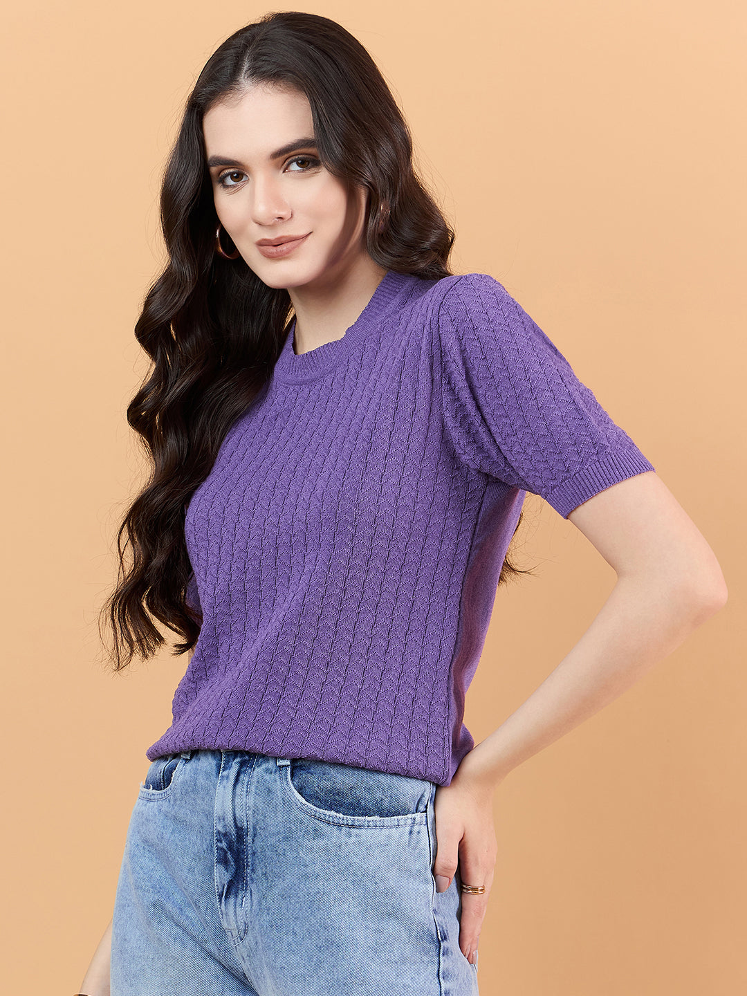 clapton Women Self knitted cotton Design T-shirt Purple Mauve