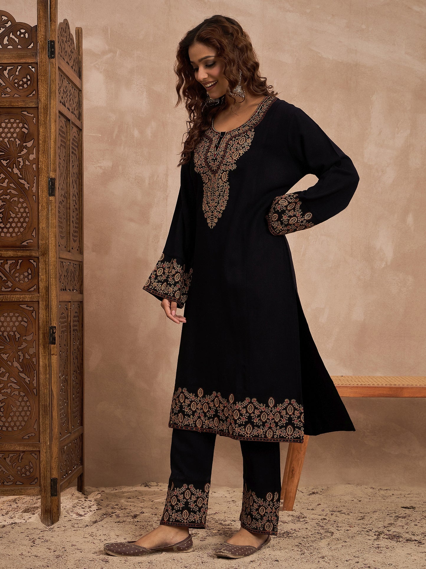 Woolen Embroidered 2-piece winter wear Kurti & Pant Set Black