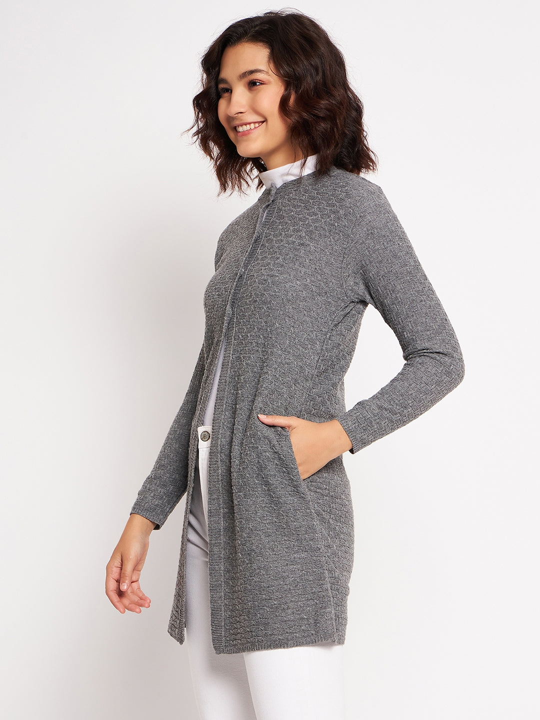 Wool Blend Round Neck Grey Long Shrug
