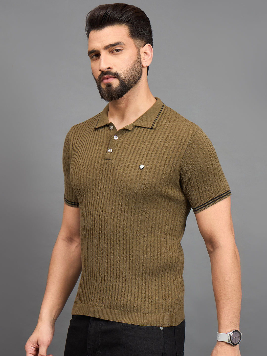 CLAPTON Men Knitted Polo Collar T-shirt Mehndi
