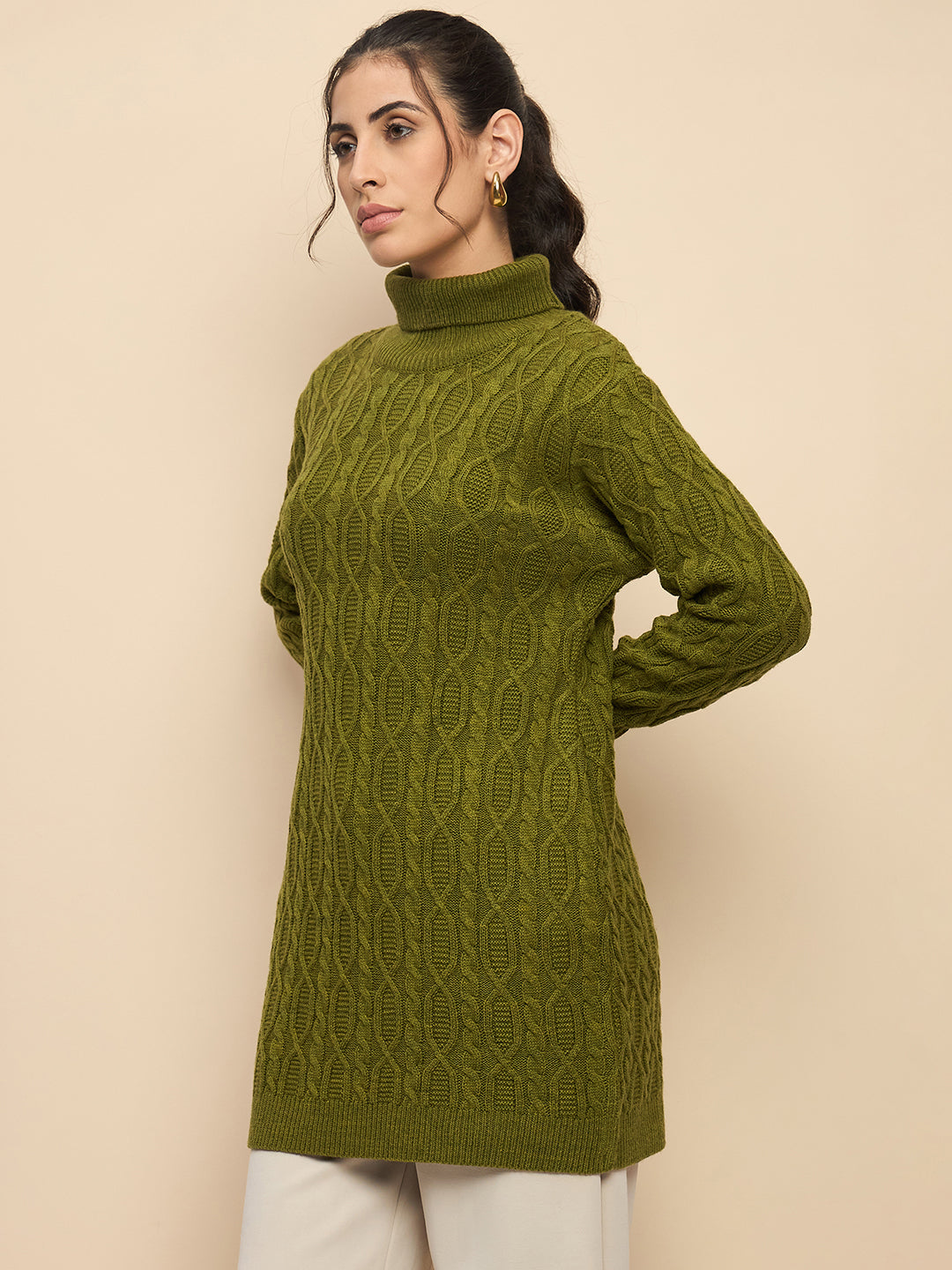 Clapton High Neck Cable Knitted Woolen Dress Green