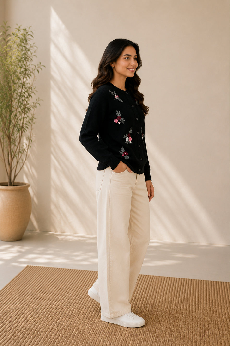 Women'S Floral Embroidered Knit Cardigan, Round Neck, Button-Front, Long Sleeve Sweater Black