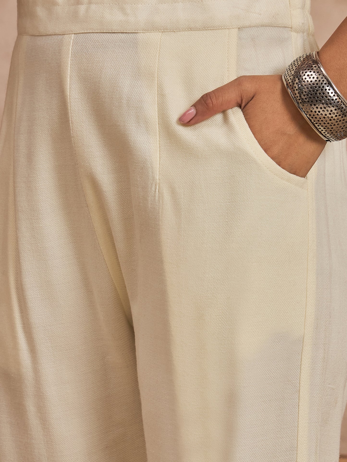 Woolen Embroidered 2-piece winter wear Kurti & Pant Set White