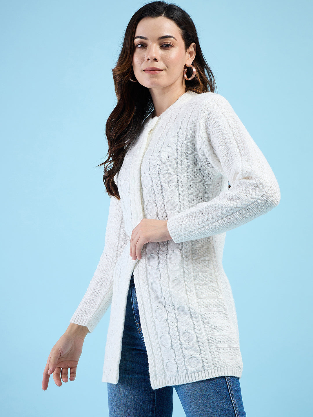 Clapton Cable Knit Design Woolen Longline Cardigan Sweater for women and Girls White