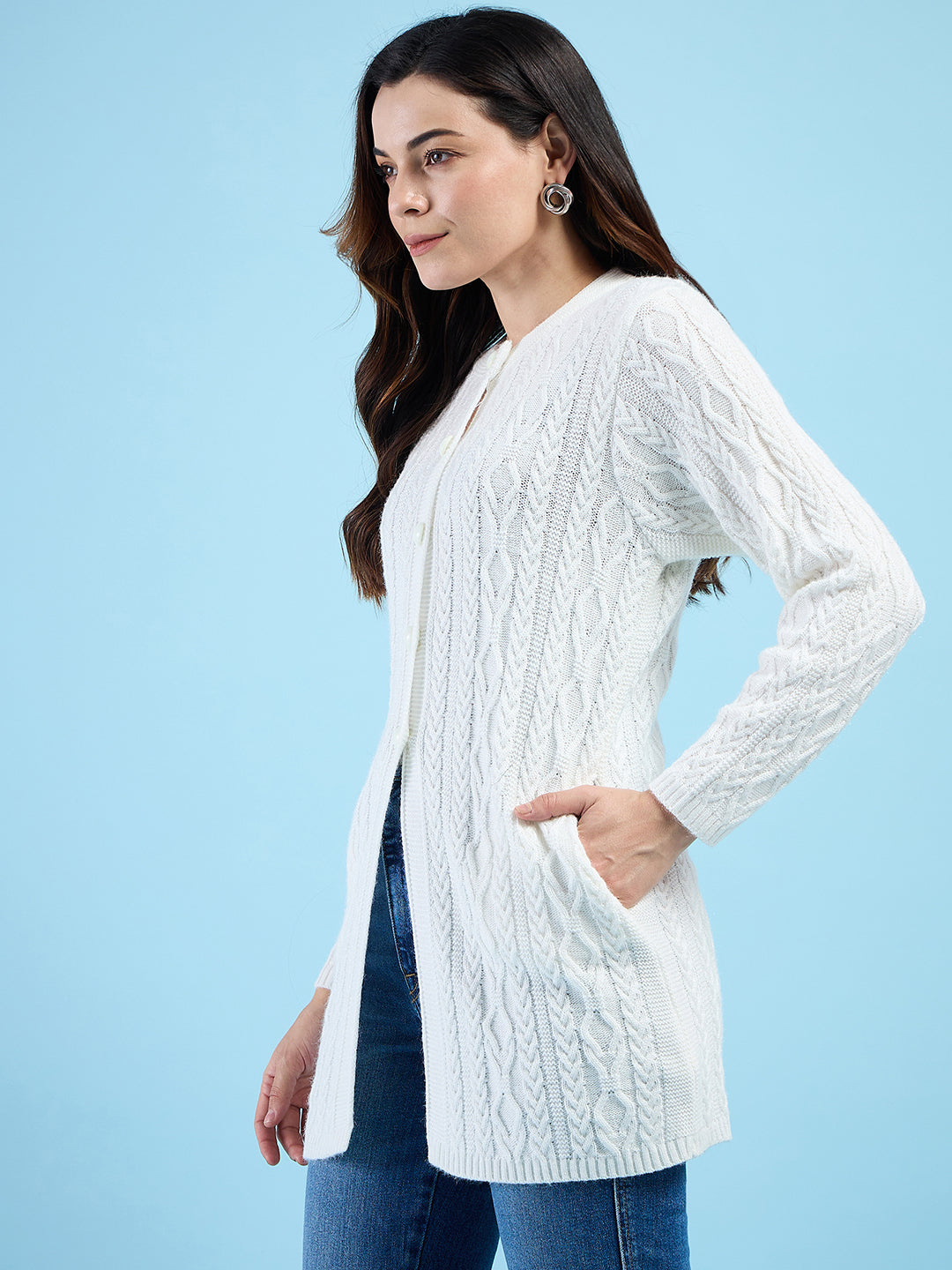 Clapton Cable Knit Design Woolen Longline Cardigan Sweater for women and Girls White