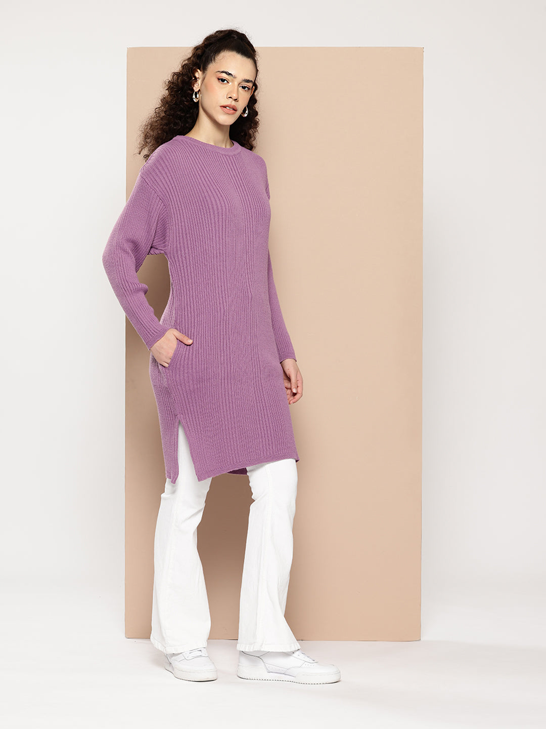Women Knitted Long Tunic ,Button Down ,Winter Wear Women Color Purple