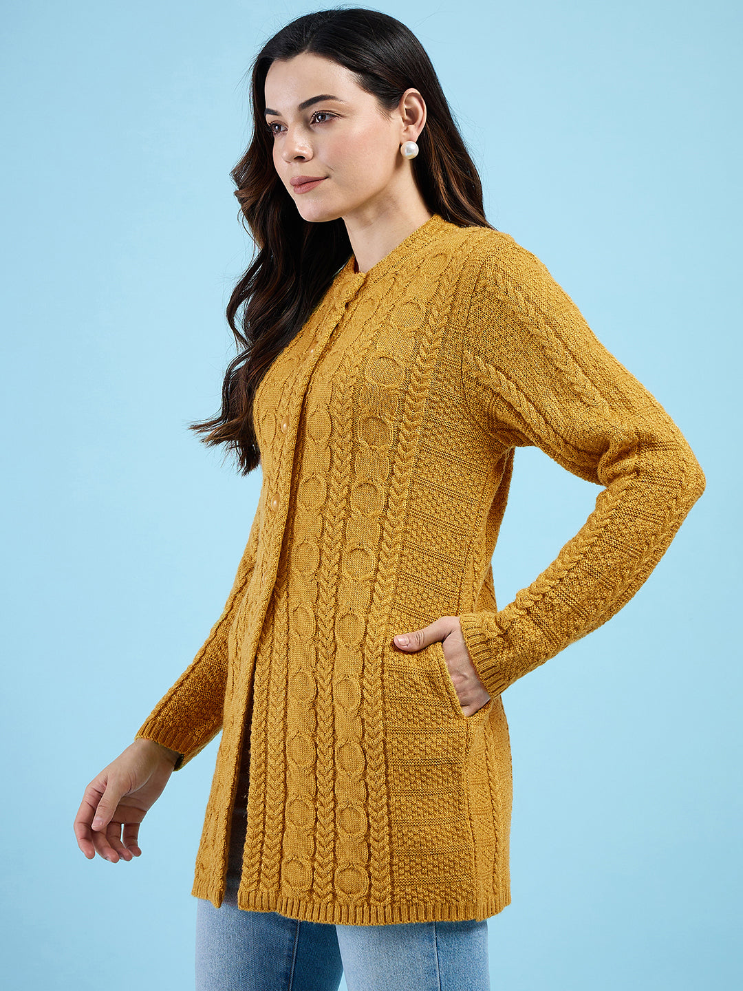 Clapton Cable Knit Design Woolen Longline Cardigan Sweater for women and Girls Gold