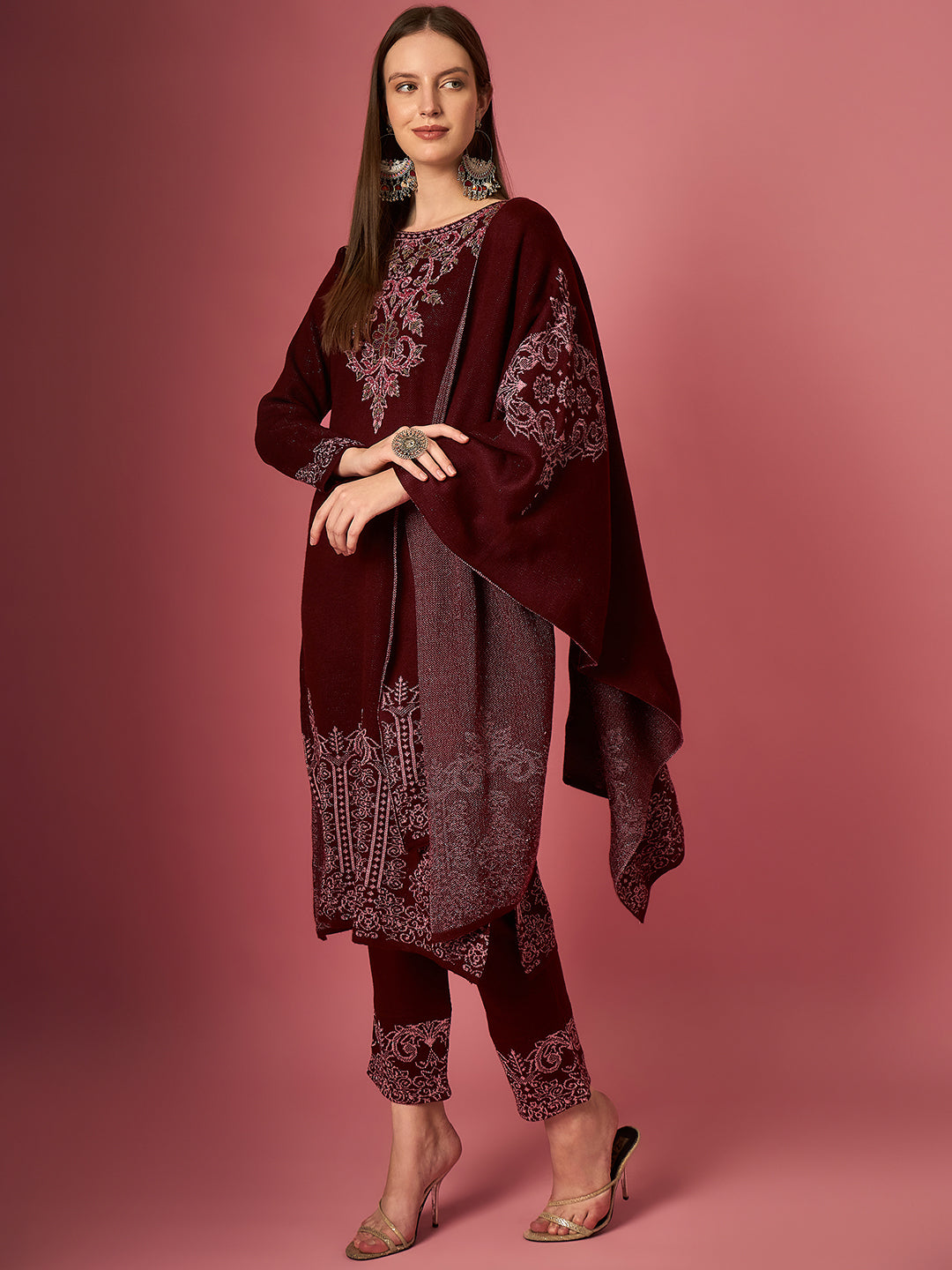 Clapton Embroidered Straight Kurta Pant With Dupatta Set Maroon