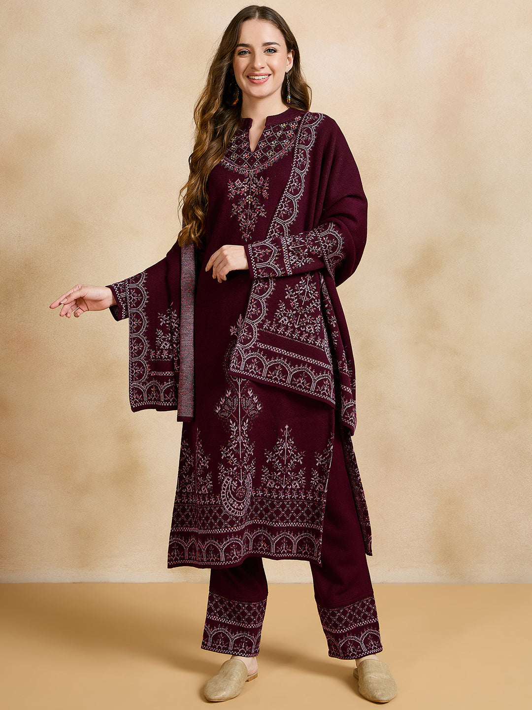 Clapton Embroidered Straight Kurta Pant With Dupatta Set Maroon