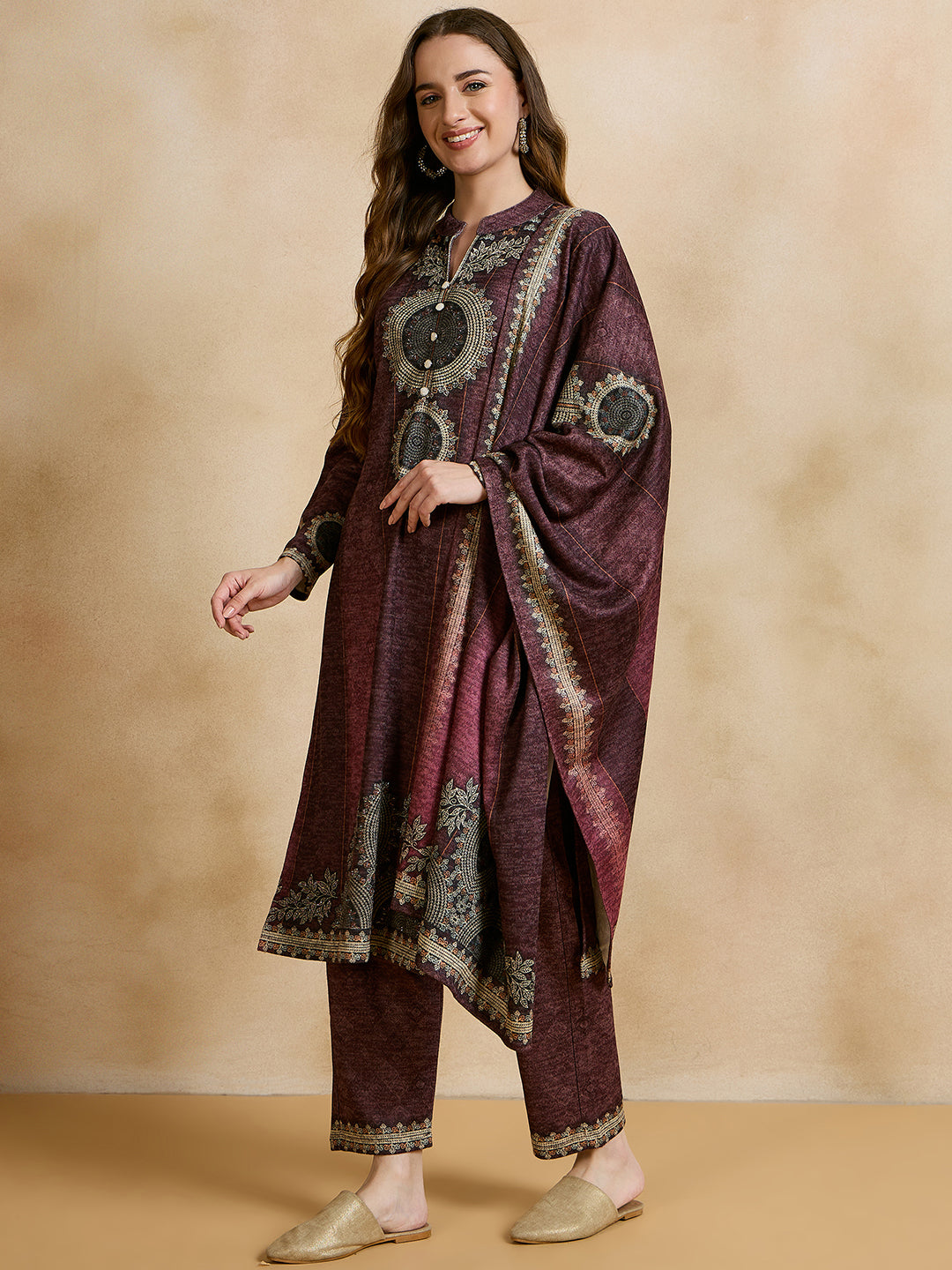 Clapton Printed Work Straight Kurta Pant With Dupatta Set Maroon