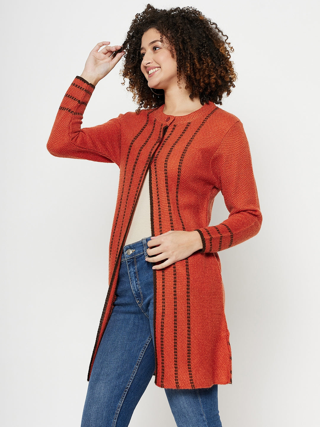 Wool Blend Round Neck Rust Long Shrug
