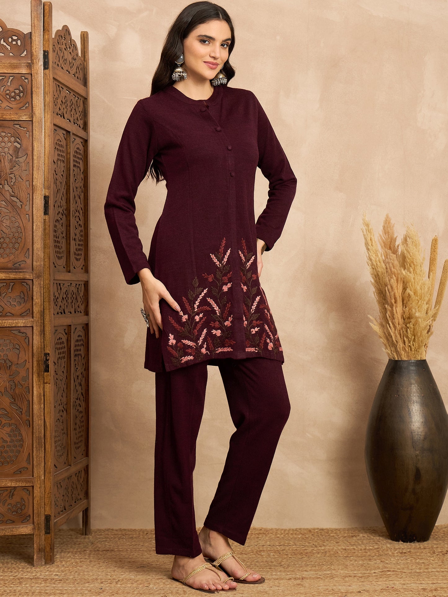 CLAPTON Women’s MAHROON Wool Blend Embroidered Kurti & Pant Set – 2 Piece Winter Wear