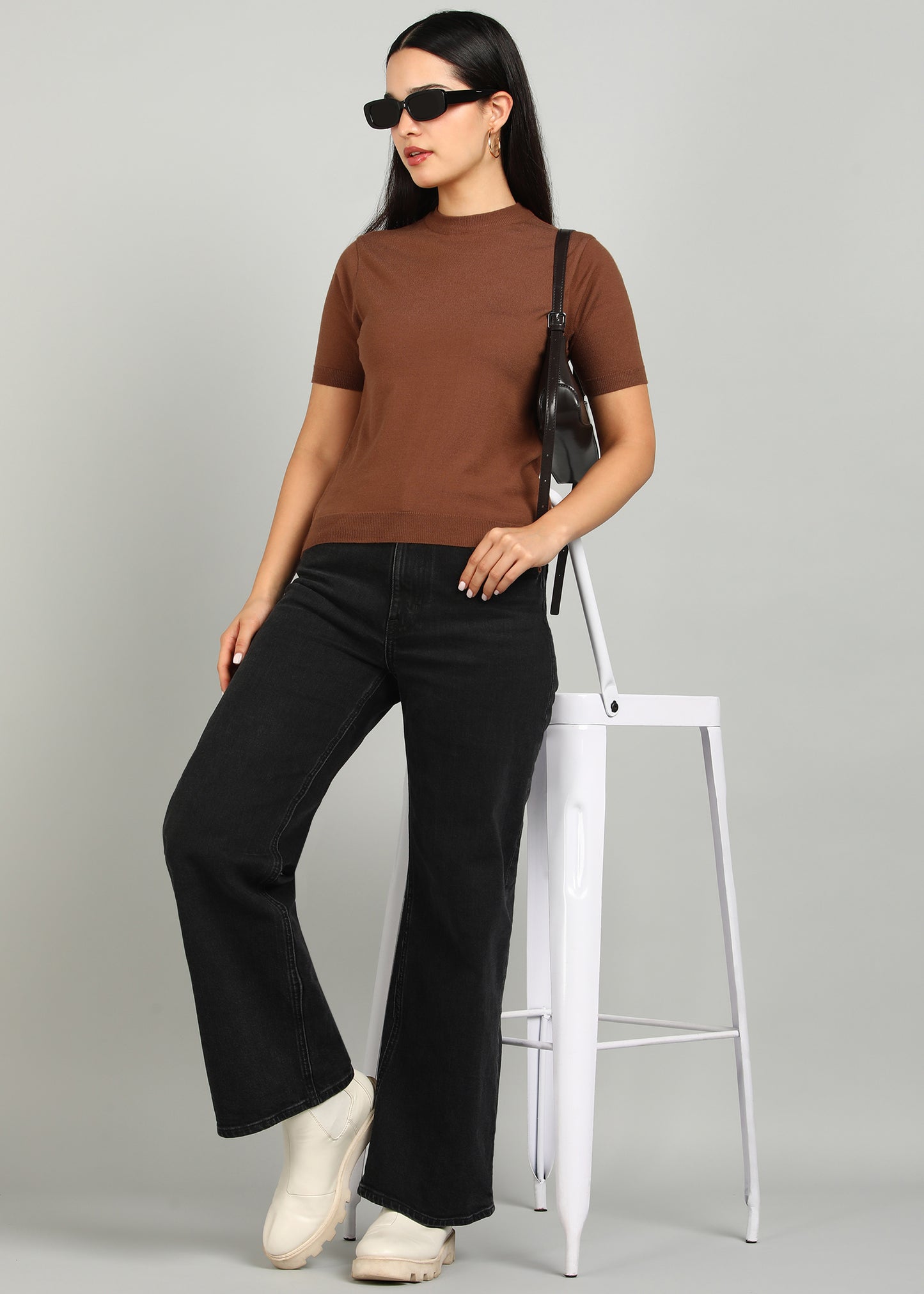 Women Solid Color Round Neck Half Sleeve Viscose T-Shirt Brown