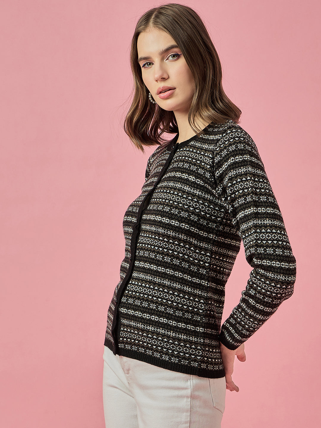 Women Black Self Striped Round Neck Cardigan