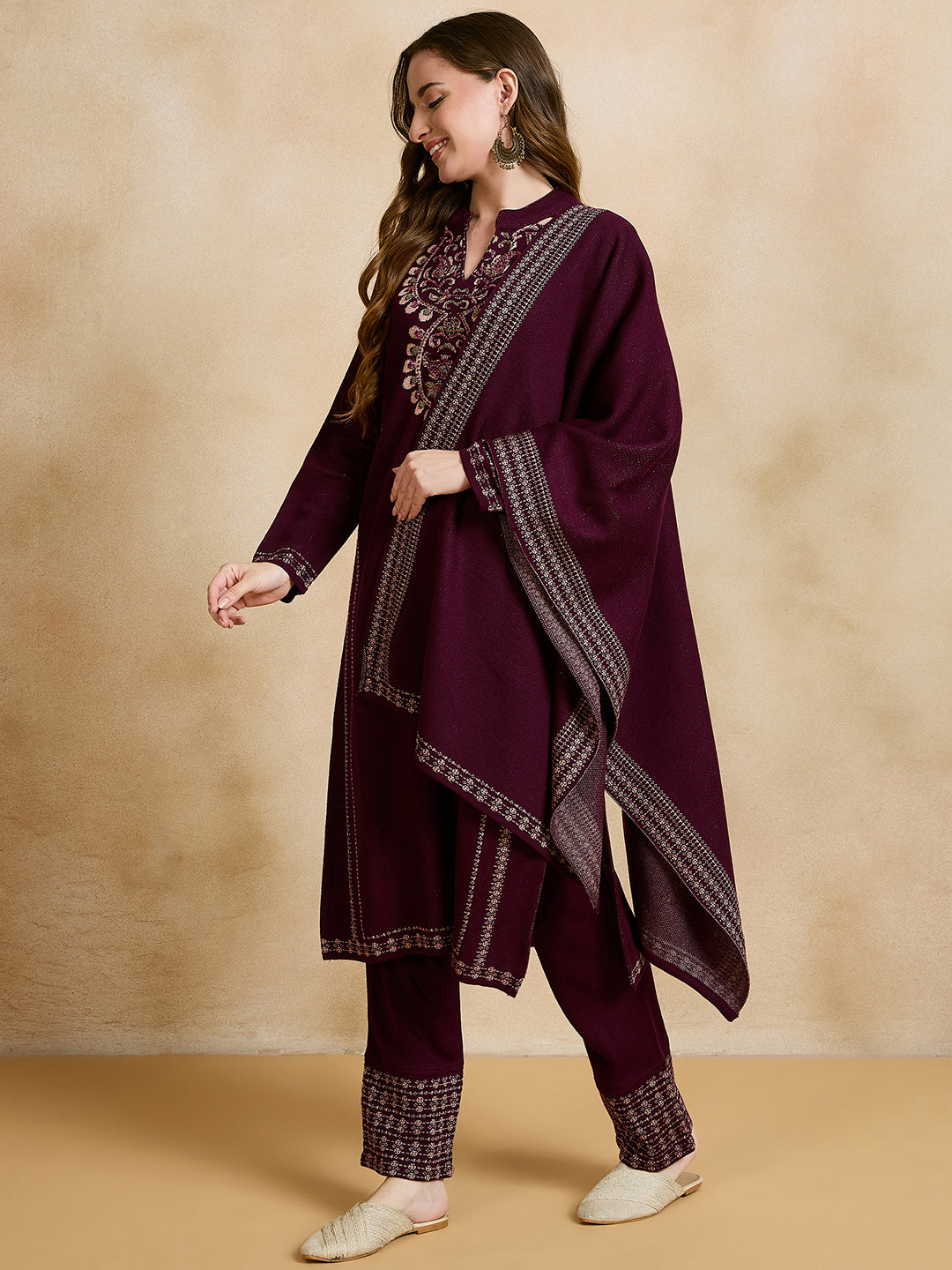 Clapton Embroidered Straight Kurta Pant With Dupatta Set Maroon