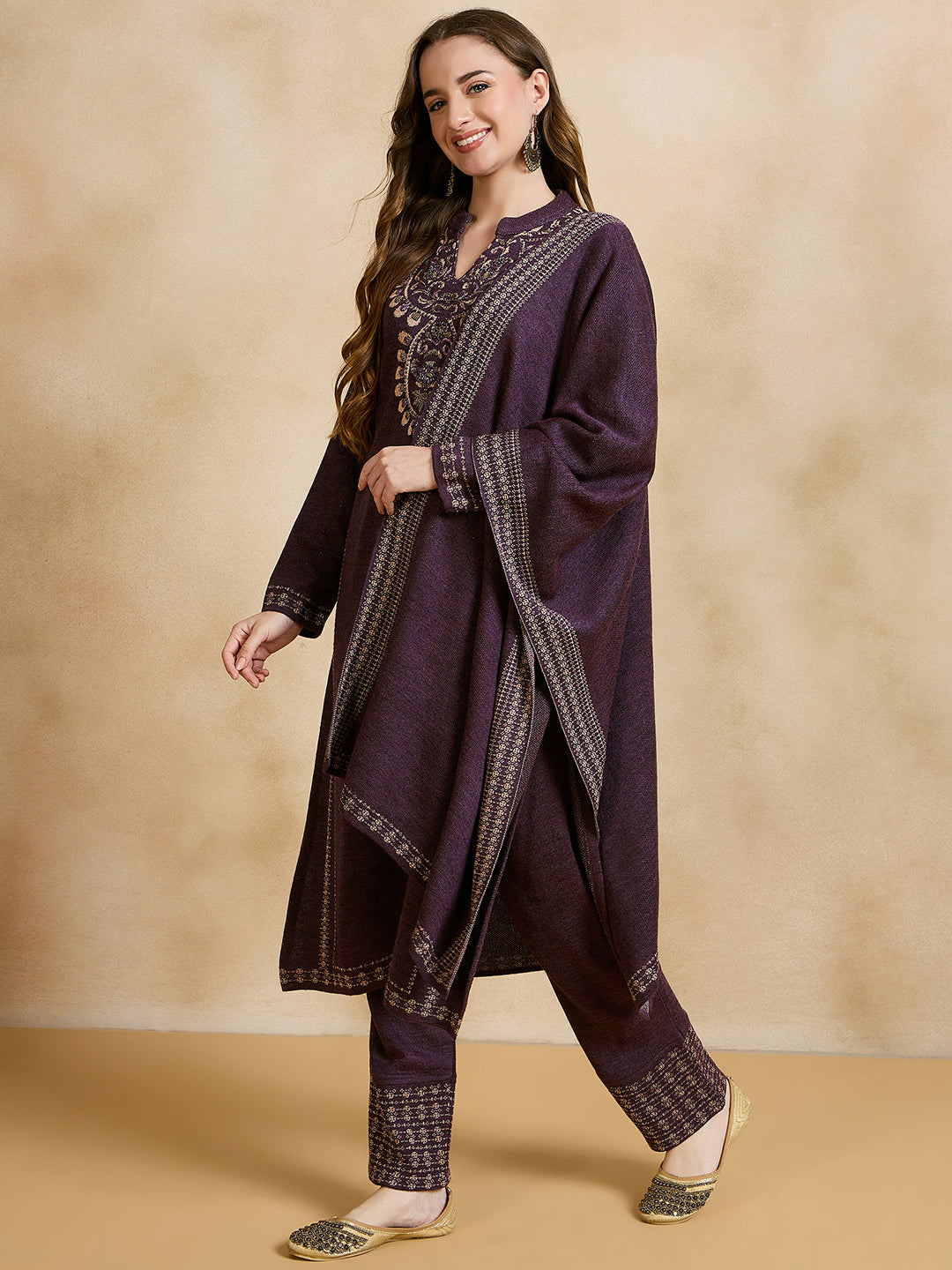 Clapton Embroidered Straight Kurta Pant With Dupatta Set Purple