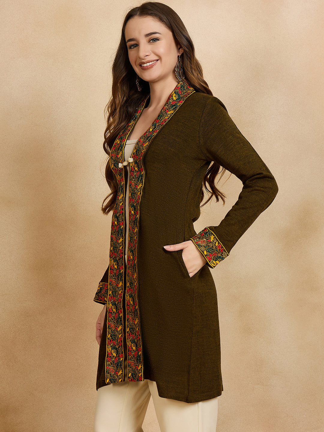 Women's Dark Green Embroidered Sleeves, Floral Pattern, Winter Wear, Open Neck Shrug