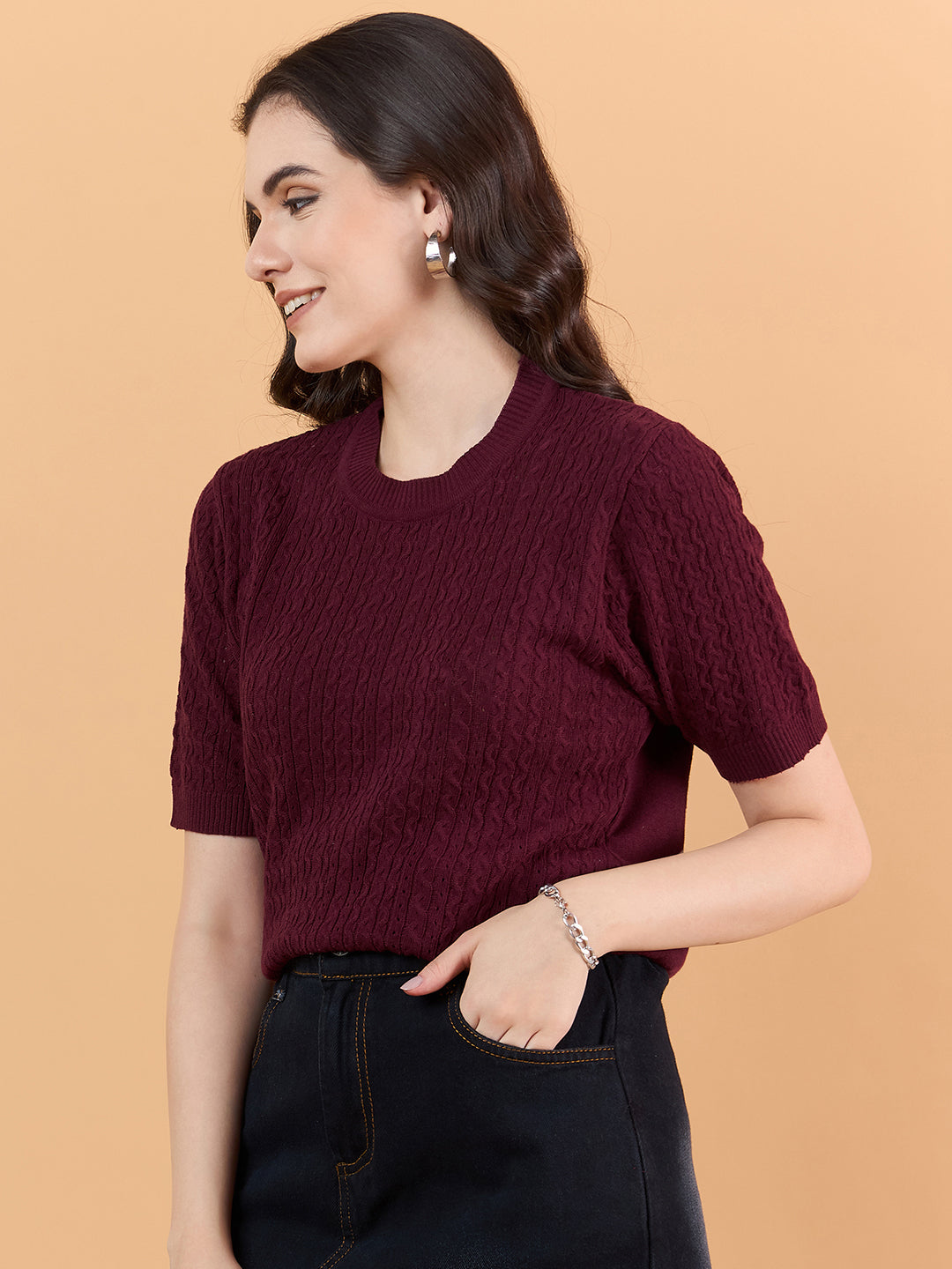 Ladies Short Sleeve Knitted cotton T Shirt solid Color maroon