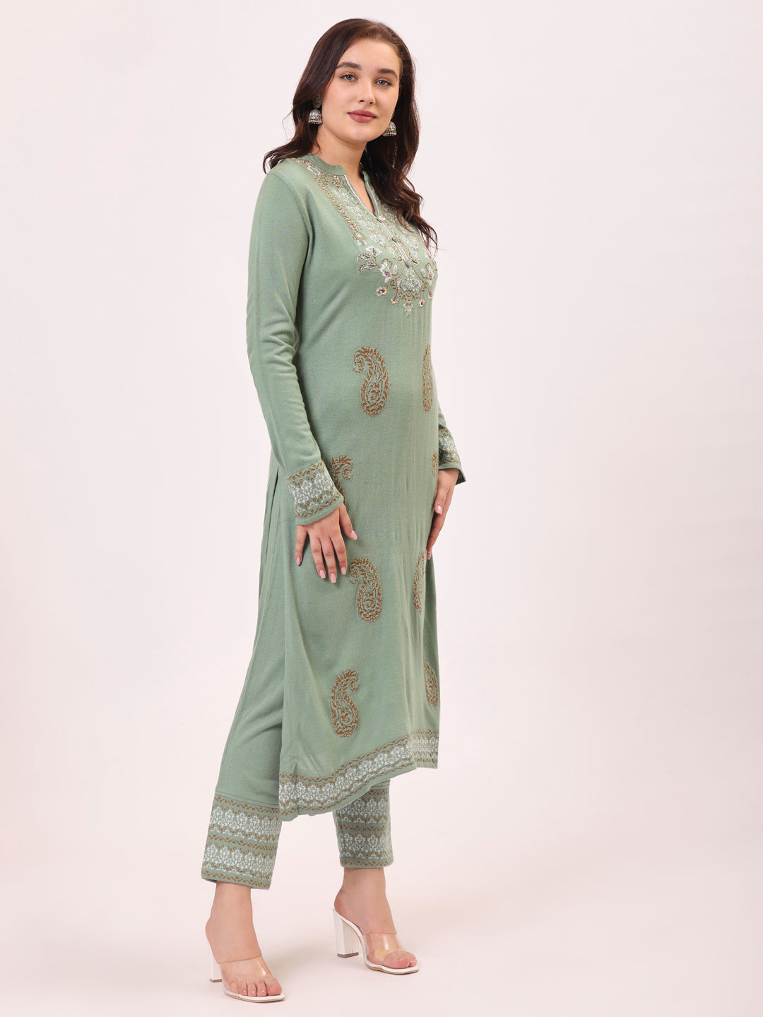 Clapton Pure Wool Winter Wear Embroidered Straight Kurta Pant With Dupatta Set Pista